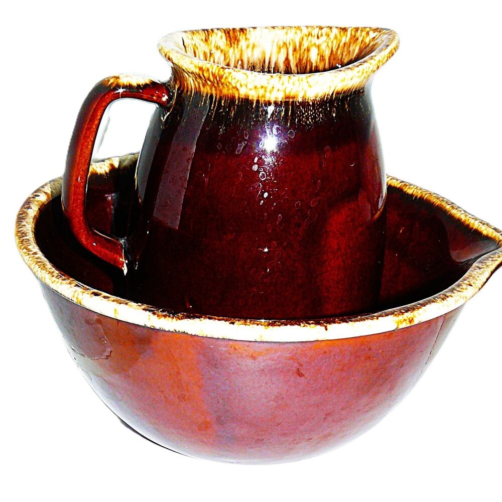 Vintage Hull Oven Proof Brown Drip Pitcher & Mixing Bowl Country Rustic USA